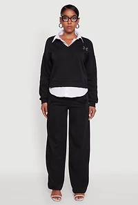 Womens Graphic Detail Layered Look Shirt Collar Sweatshirt, XL