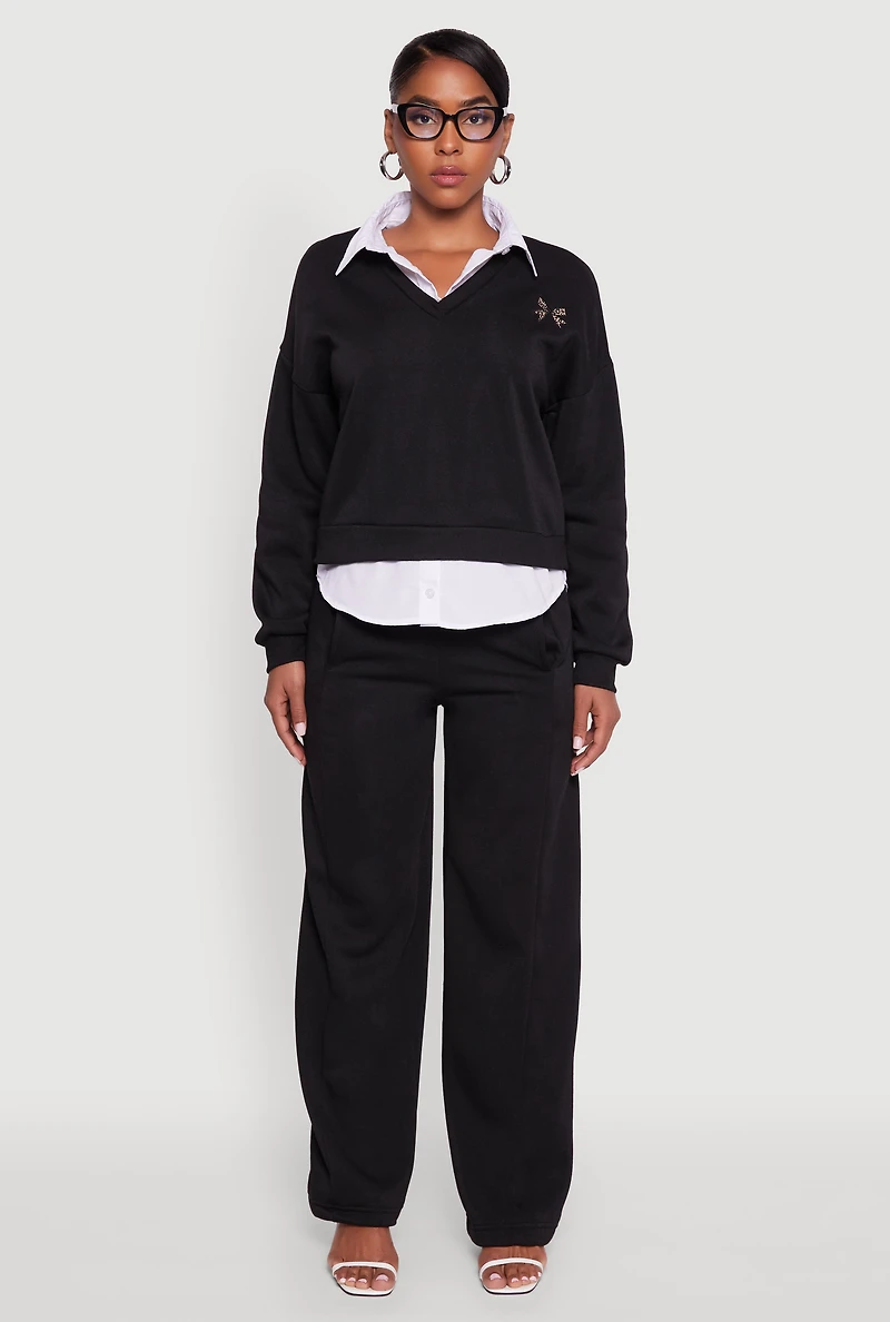 Graphic Detail Layered Look Shirt Collar Sweatshirt