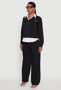 Womens Graphic Detail Layered Look Shirt Collar Sweatshirt, XL