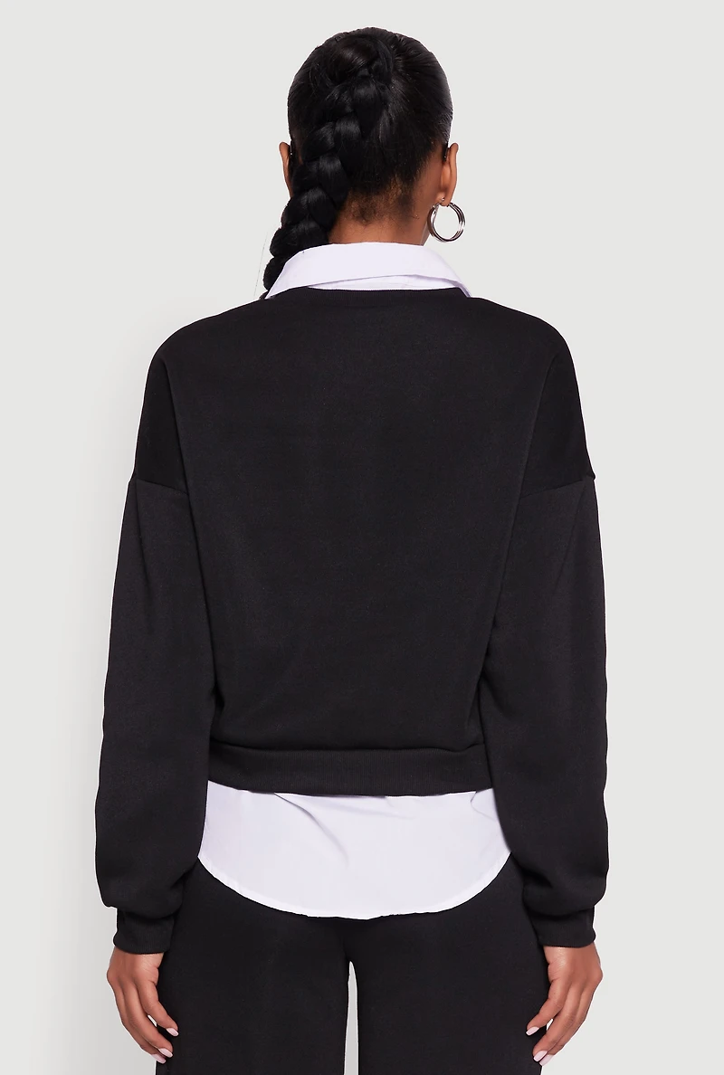 Womens Graphic Detail Layered Look Shirt Collar Sweatshirt, XL