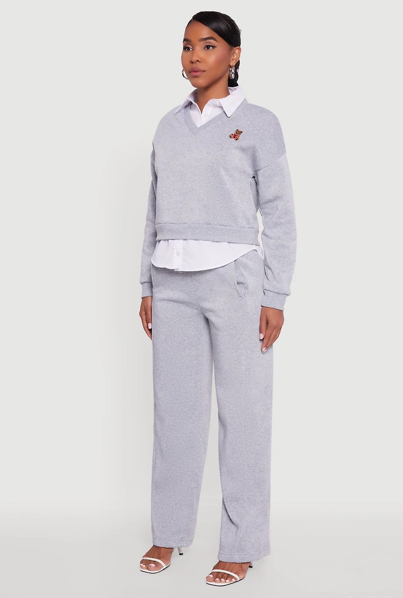 Graphic Detail Layered Look Shirt Collar Sweatshirt