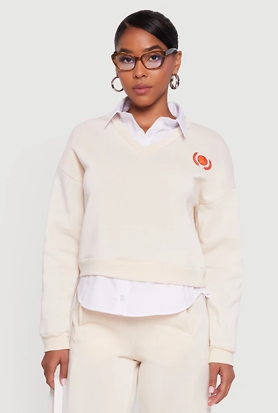 Womens Graphic Detail Layered Look Shirt Collar Sweatshirt,