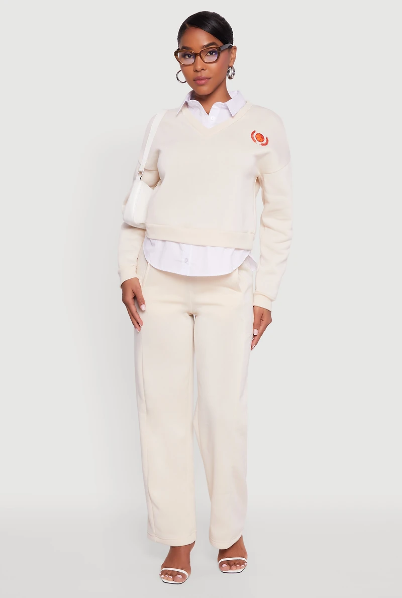Womens Graphic Detail Layered Look Shirt Collar Sweatshirt, Beige, Size L