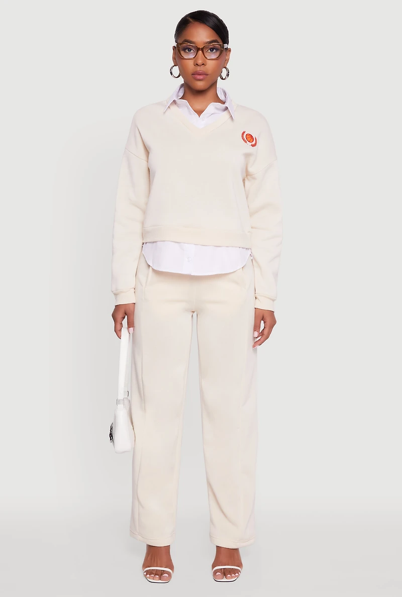 Womens Graphic Detail Layered Look Shirt Collar Sweatshirt, Beige, Size L