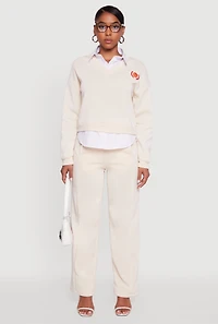Womens Graphic Detail Layered Look Shirt Collar Sweatshirt, Beige, Size L