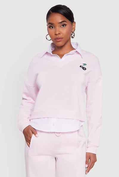 Womens Graphic Detail Layered Look Shirt Collar Sweatshirt, Pink, Size XL