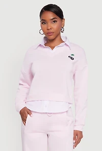 Womens Graphic Detail Layered Look Shirt Collar Sweatshirt, Pink, Size XL