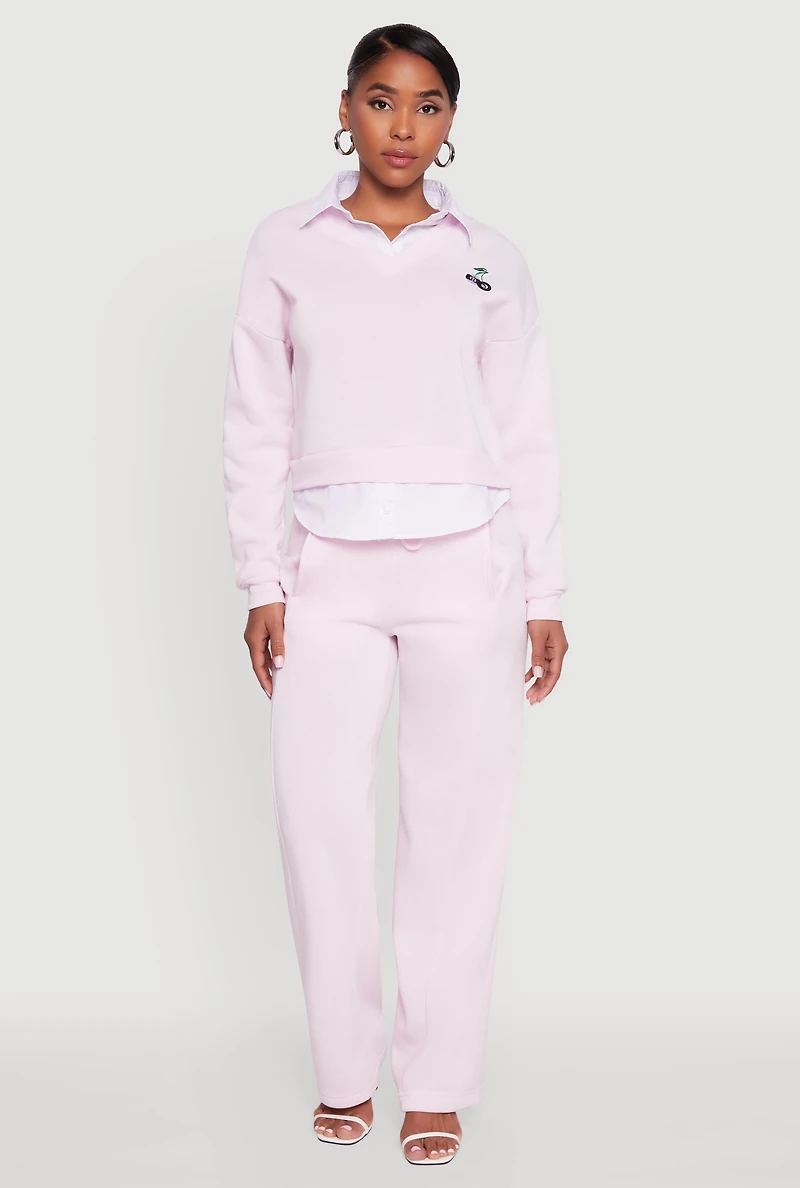 Womens Graphic Detail Layered Look Shirt Collar Sweatshirt, Pink, Size XL
