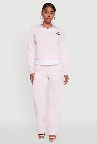 Womens Graphic Detail Layered Look Shirt Collar Sweatshirt, Pink, Size XL