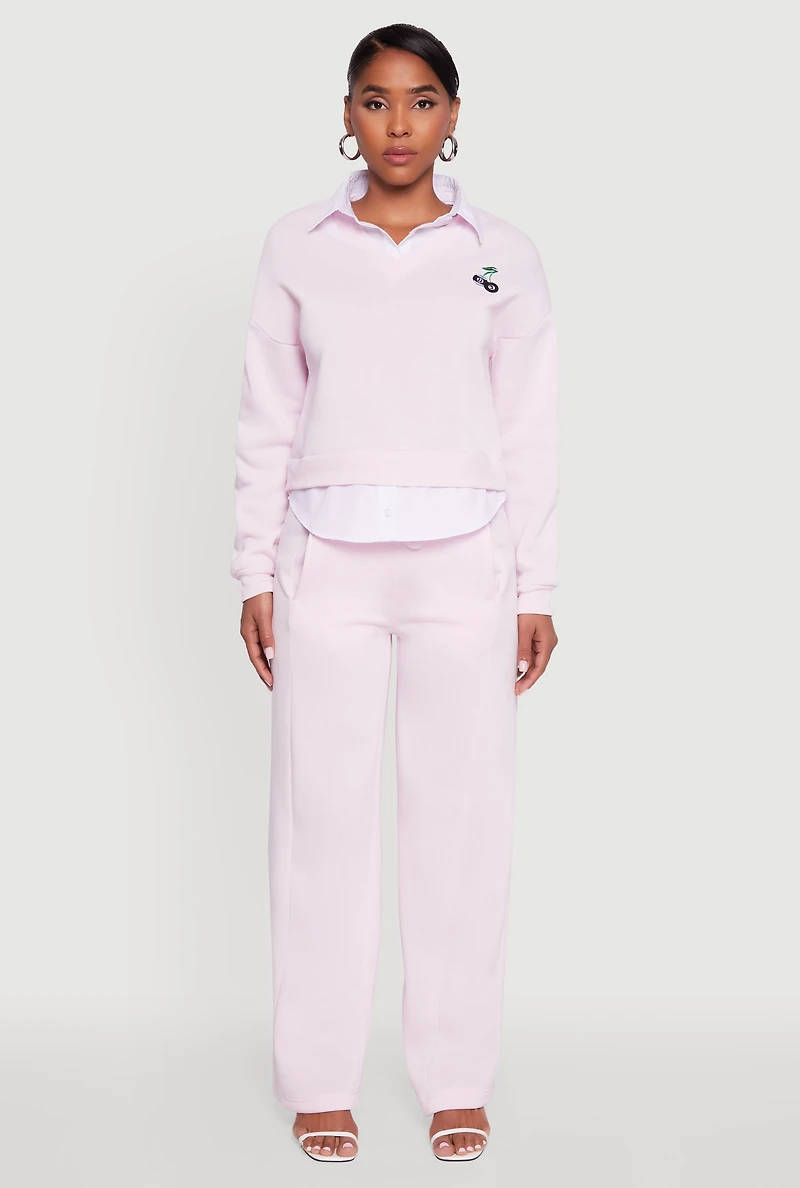 Womens Graphic Detail Layered Look Shirt Collar Sweatshirt, Pink, Size XL