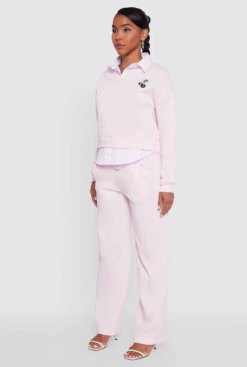 Womens Graphic Detail Layered Look Shirt Collar Sweatshirt, Pink, Size XL