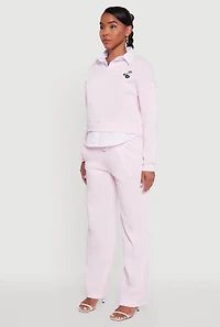 Womens Graphic Detail Layered Look Shirt Collar Sweatshirt, Pink, Size XL