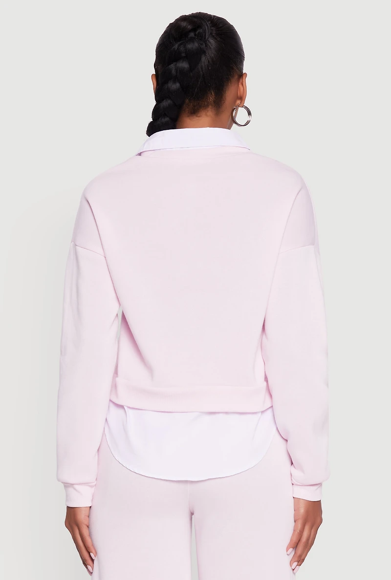 Womens Graphic Detail Layered Look Shirt Collar Sweatshirt, Pink, Size XL