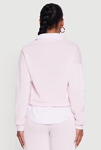 Womens Graphic Detail Layered Look Shirt Collar Sweatshirt, Pink, Size XL