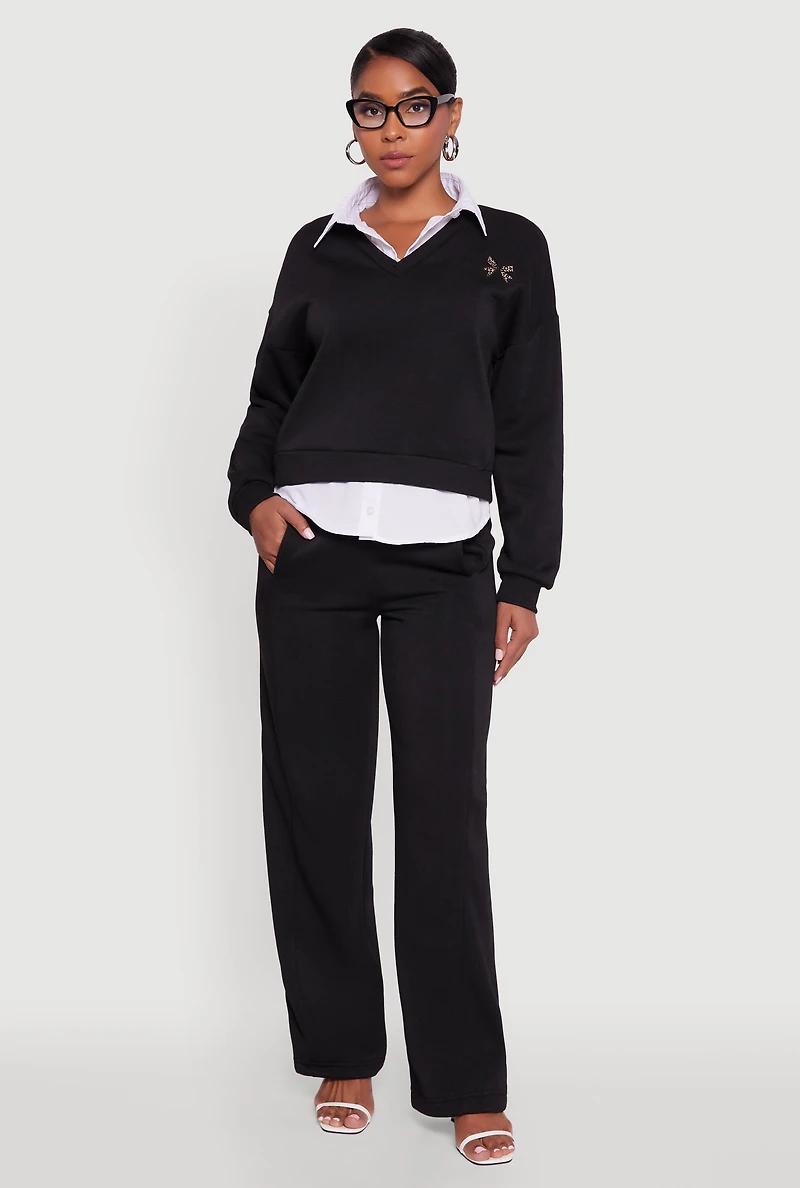 Womens High Waisted Fleece Wide Leg Pants with Pockets, Black,