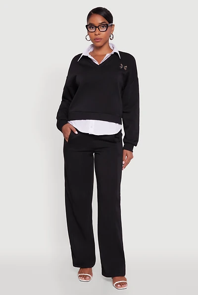 Womens High Waisted Fleece Wide Leg Pants with Pockets, Black,
