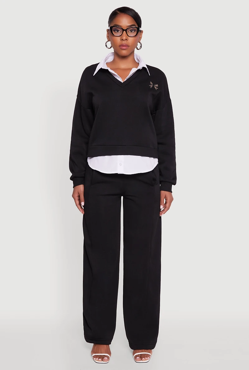 Womens High Waisted Fleece Wide Leg Pants with Pockets, Black,