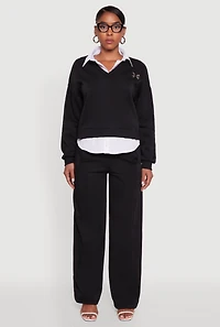 Womens High Waisted Fleece Wide Leg Pants with Pockets, Black,