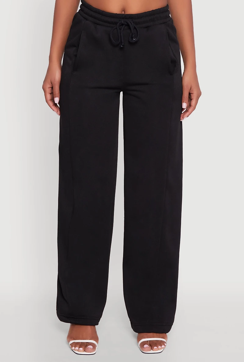 Womens High Waisted Fleece Wide Leg Pants with Pockets, Black,