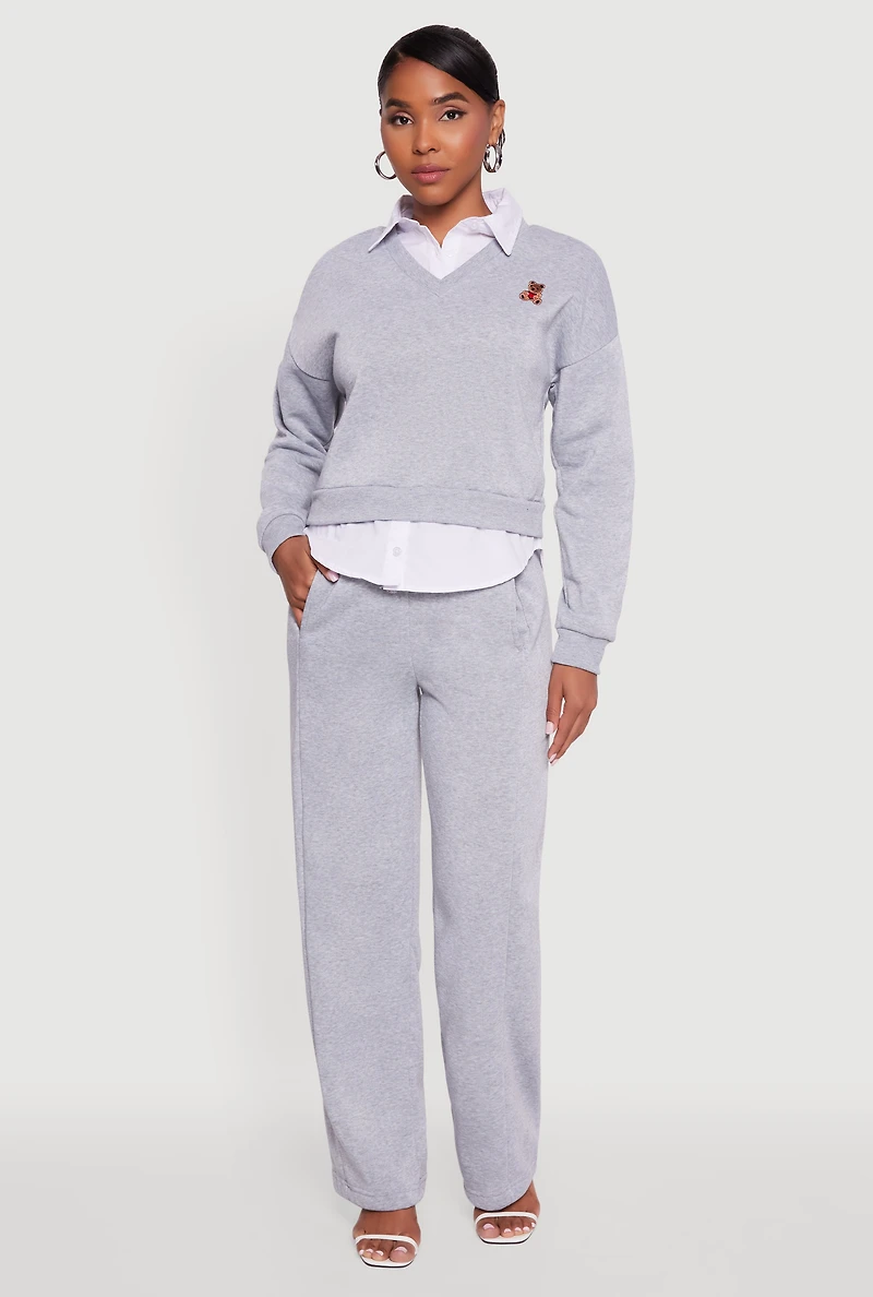 High Waisted Fleece Wide Leg Pants with Pockets