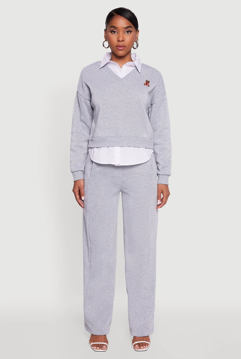 Womens High Waisted Fleece Wide Leg Pants with Pockets, Grey,