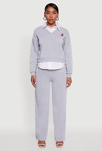 Womens High Waisted Fleece Wide Leg Pants with Pockets, Grey,