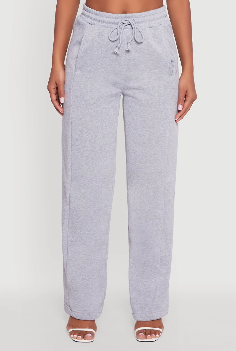 Womens High Waisted Fleece Wide Leg Pants with Pockets, Grey,