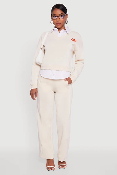 Womens High Waisted Fleece Wide Leg Pants with Pockets, Khaki, Size S