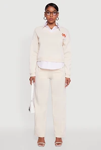 Womens High Waisted Fleece Wide Leg Pants with Pockets, Khaki, Size S