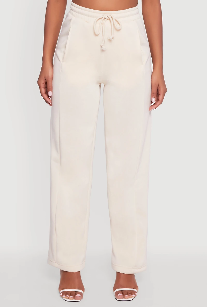 Womens High Waisted Fleece Wide Leg Pants with Pockets, Khaki, Size S