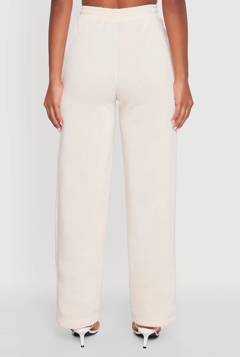 Womens High Waisted Fleece Wide Leg Pants with Pockets, Khaki, Size S