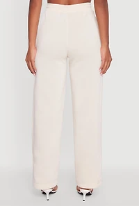 Womens High Waisted Fleece Wide Leg Pants with Pockets, Khaki, Size S
