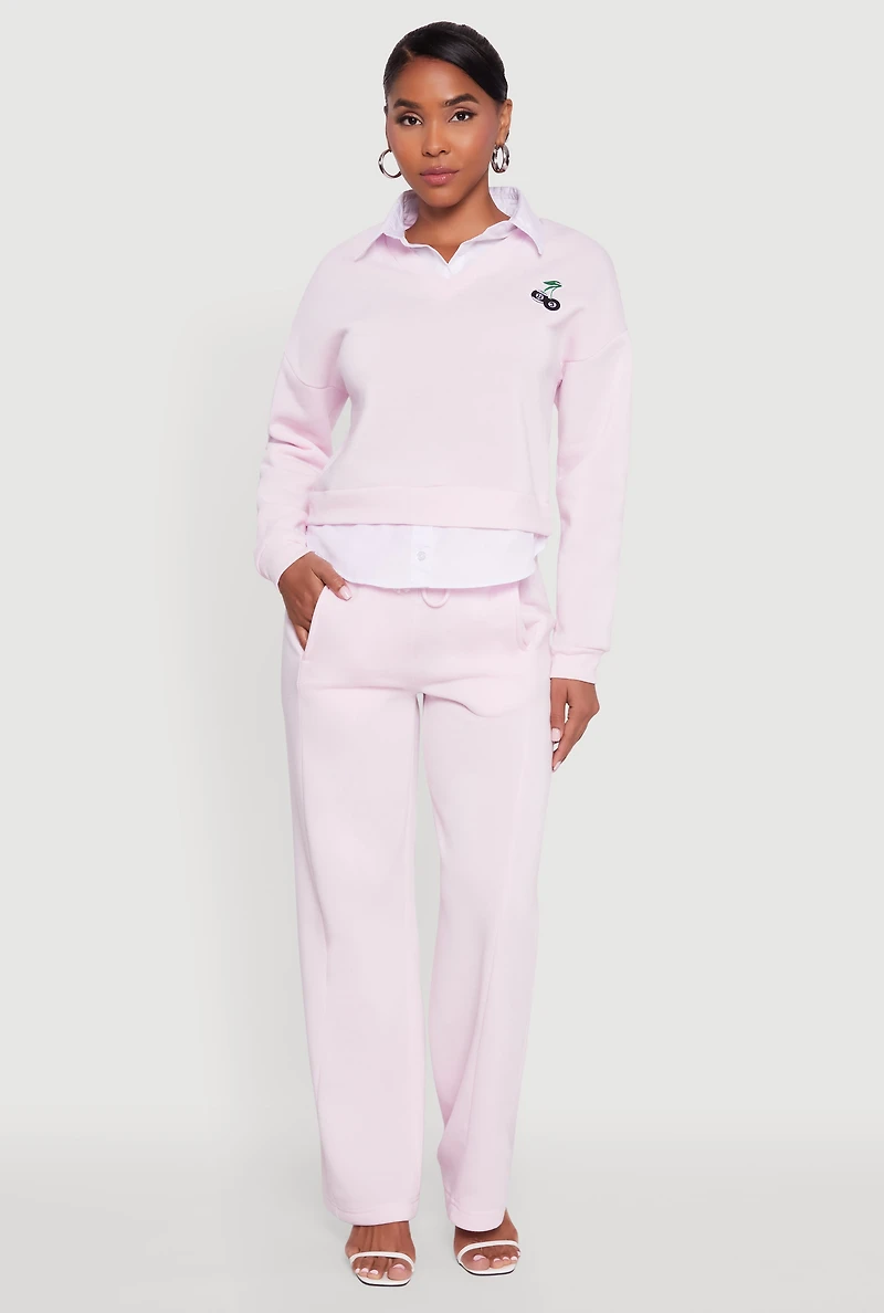 Womens High Waisted Fleece Wide Leg Pants with Pockets, Pink, Size L
