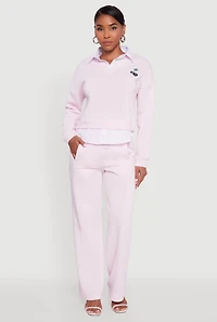 Womens High Waisted Fleece Wide Leg Pants with Pockets, Pink, Size L