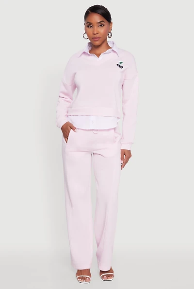 Womens High Waisted Fleece Wide Leg Pants with Pockets, Pink, Size L