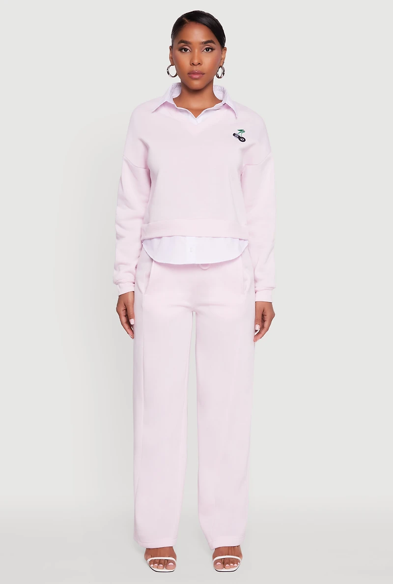 Womens High Waisted Fleece Wide Leg Pants with Pockets, Pink, Size L