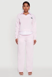 Womens High Waisted Fleece Wide Leg Pants with Pockets, Pink, Size L