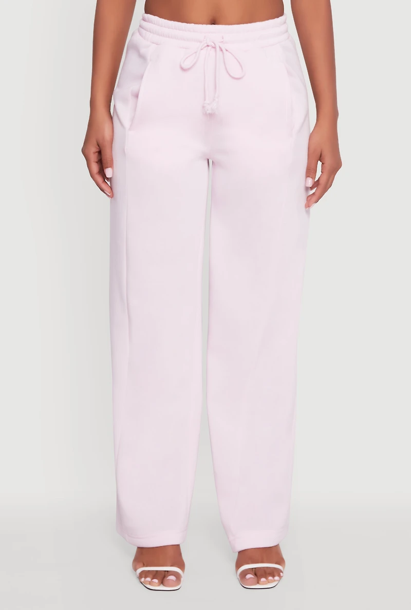 Womens High Waisted Fleece Wide Leg Pants with Pockets, Pink, Size L