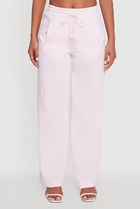 Womens High Waisted Fleece Wide Leg Pants with Pockets, Pink,