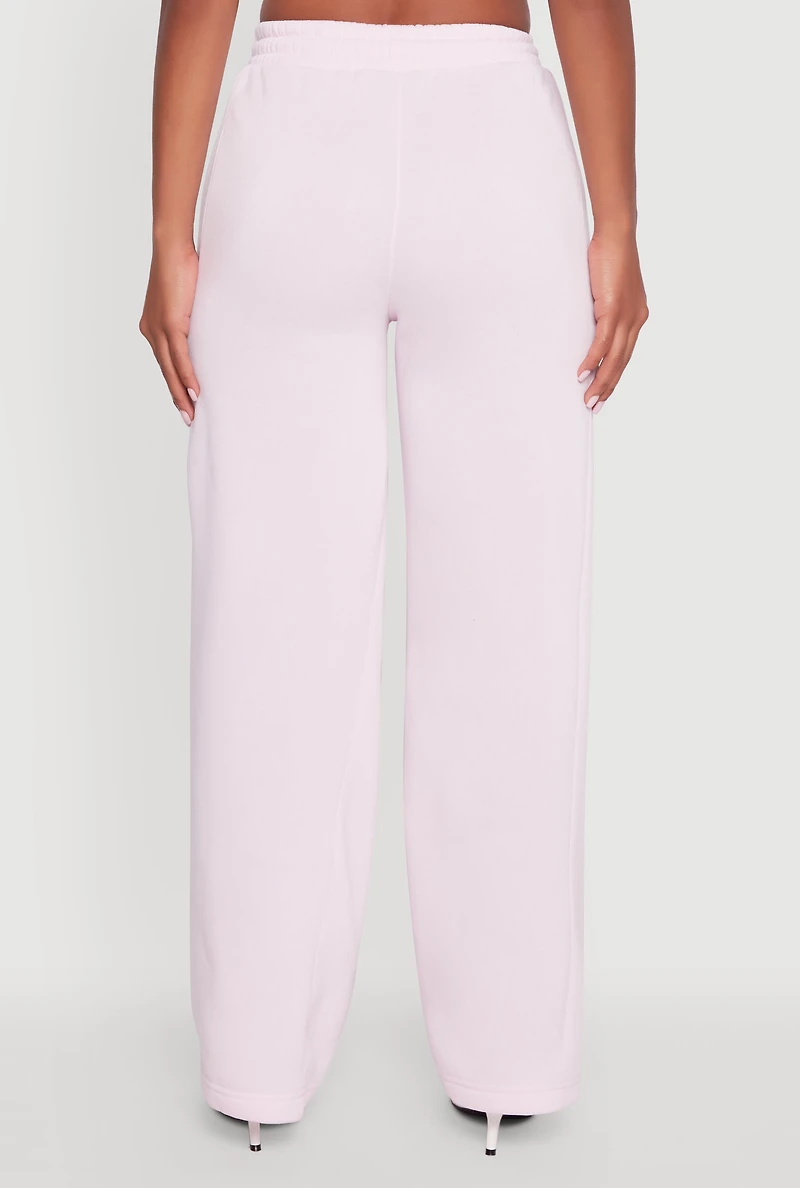 Womens High Waisted Fleece Wide Leg Pants with Pockets, Pink, Size L
