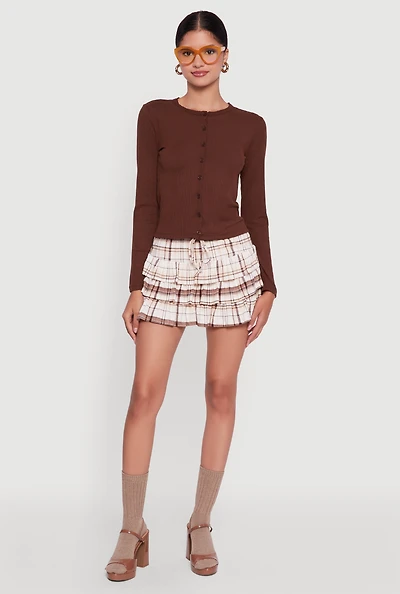 Womens Plaid Drawstring Waist Tiered Mini Skirt,