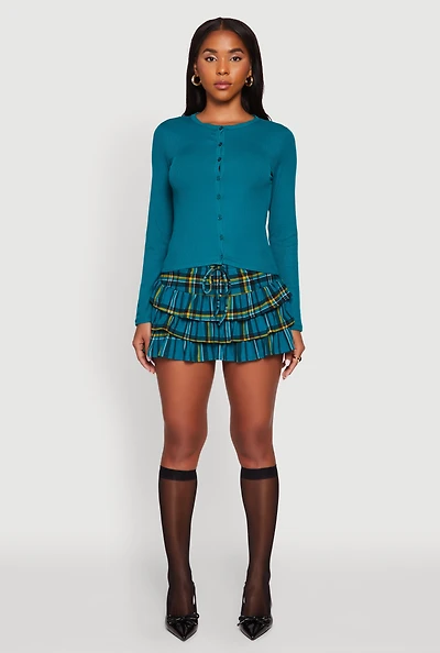 Womens Plaid Drawstring Waist Tiered Mini Skirt,