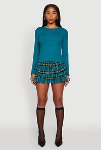 Womens Plaid Drawstring Waist Tiered Mini Skirt, Green, Size L