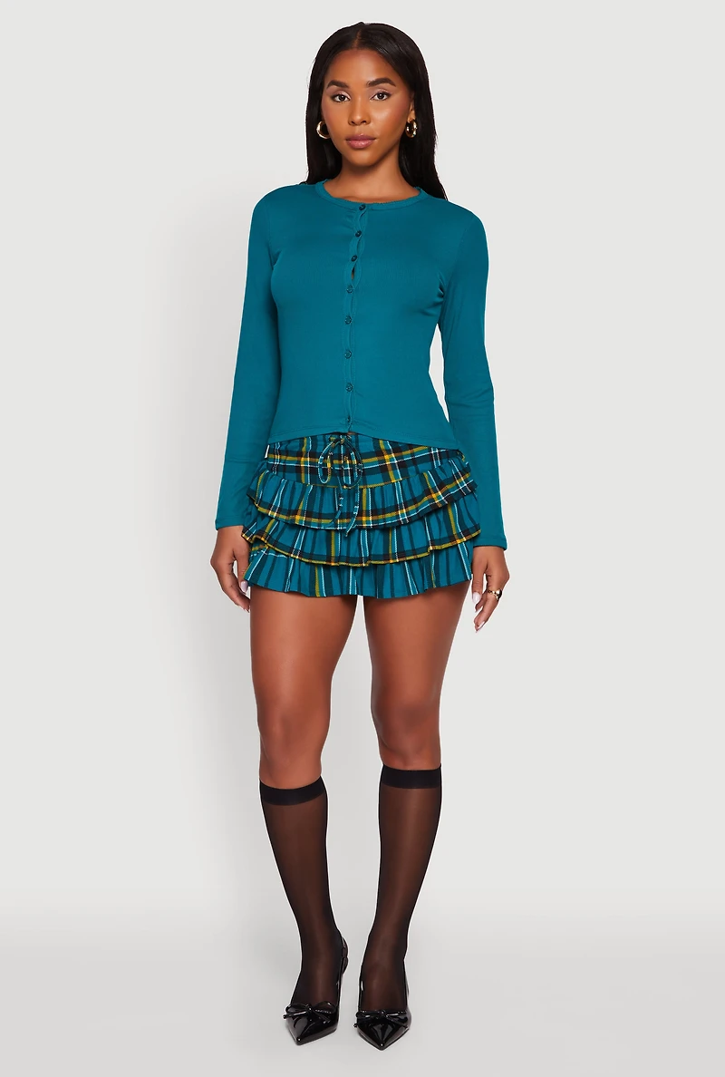 Womens Plaid Drawstring Waist Tiered Mini Skirt, Green, Size L