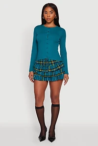 Womens Plaid Drawstring Waist Tiered Mini Skirt, Green, Size L