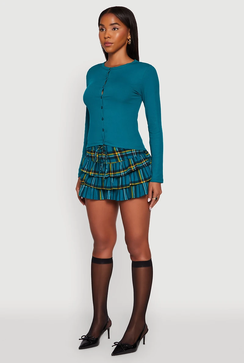 Womens Plaid Drawstring Waist Tiered Mini Skirt, Green, Size L