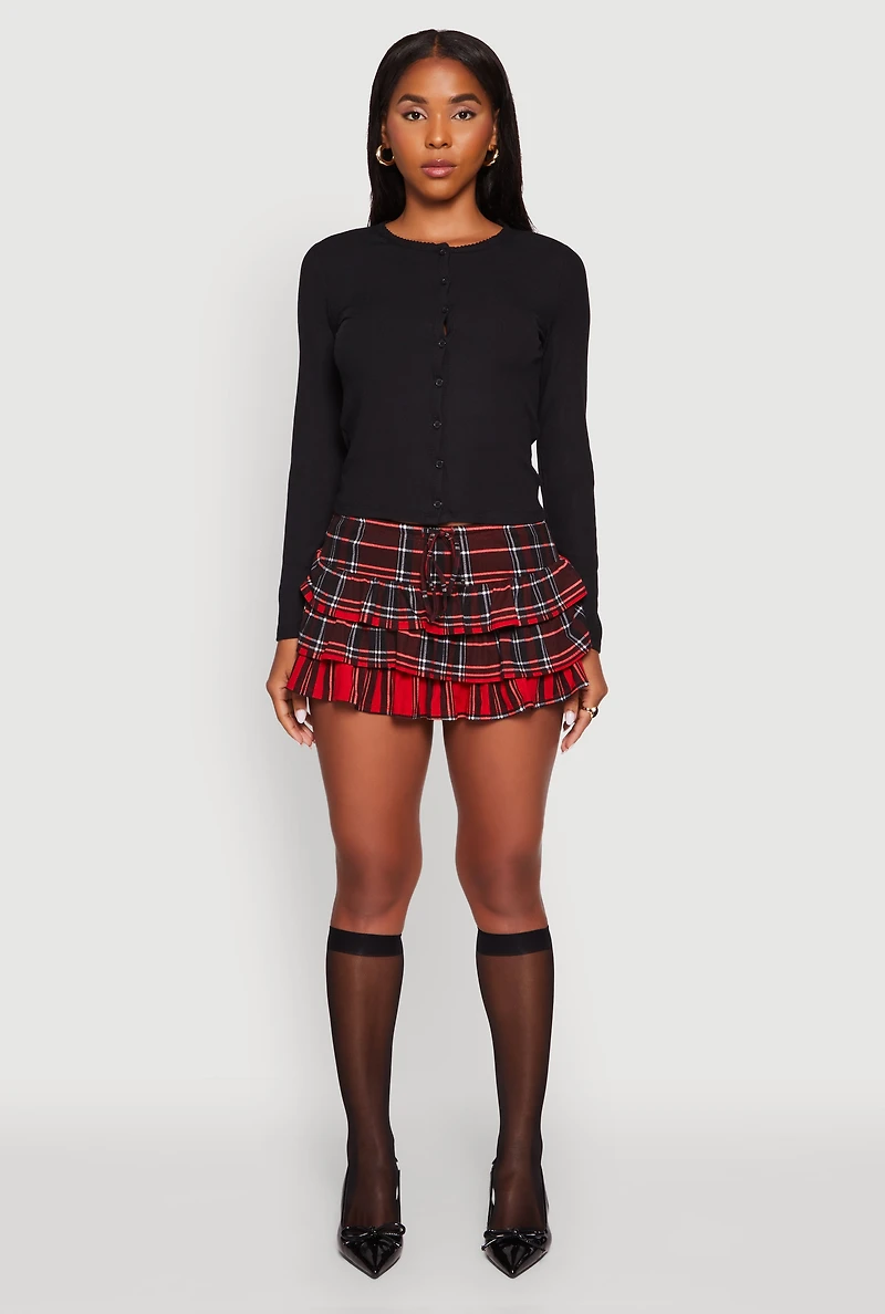 Womens Plaid Drawstring Waist Tiered Mini Skirt, Red,