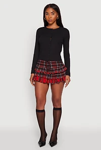 Womens Plaid Drawstring Waist Tiered Mini Skirt, Red,