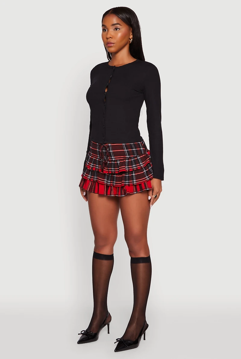 Womens Plaid Drawstring Waist Tiered Mini Skirt, Red,