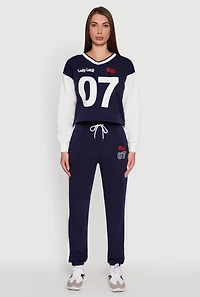 Womens Graphic Varsity Stripe Pull Over Sweatshirt, Blue, Size XL